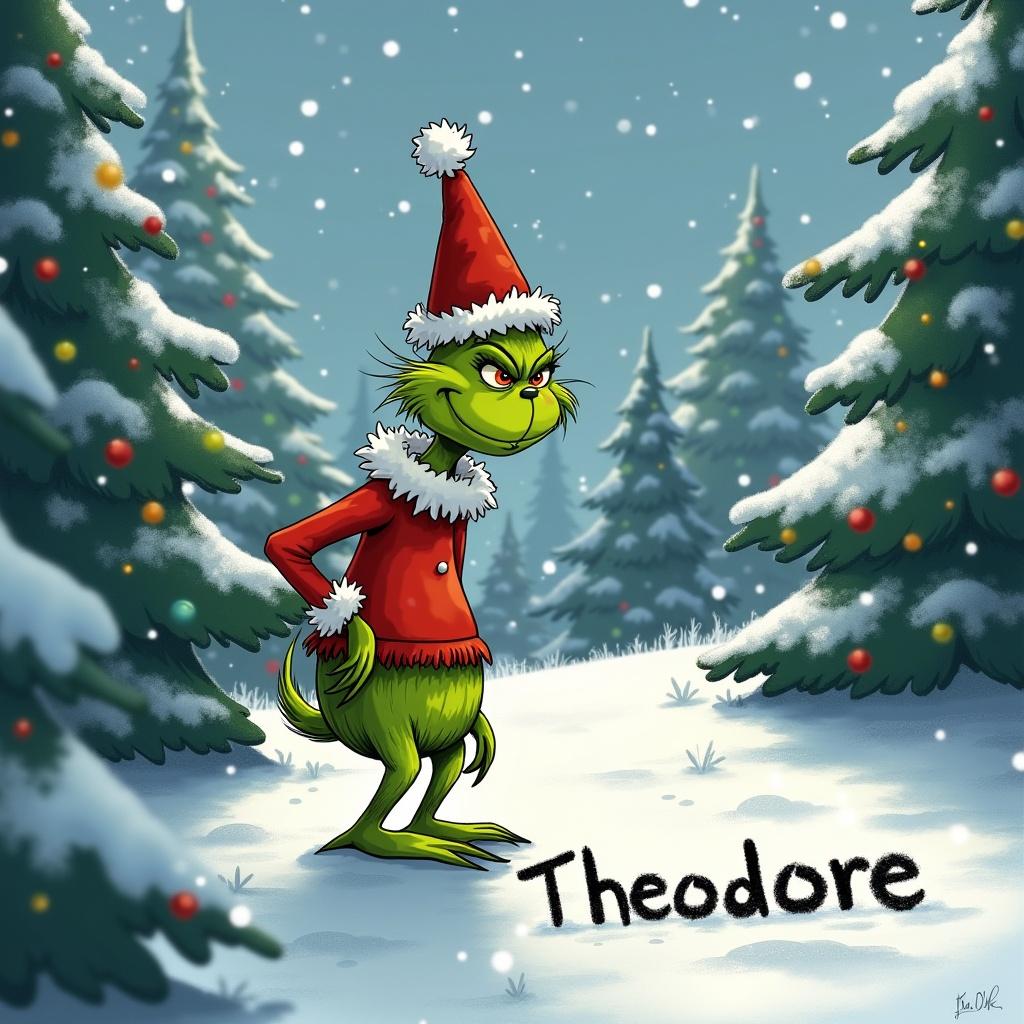 The Grinch is outside in a snowy winter setting. Christmas trees surround. The Grinch writes 'Theodore' in the snow.