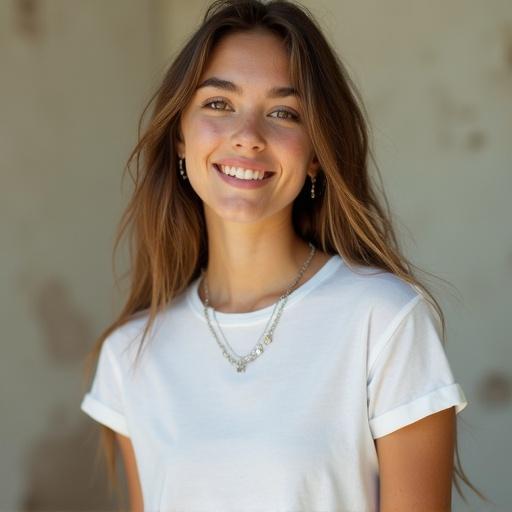 Photorealistic portrait of a young woman smiling in a plain white T-shirt and denim shorts. Natural light creates a warm summer aesthetic. Casual pose with a shallow depth of field. Bright eyes and radiant skin enhance the youthful vibe.