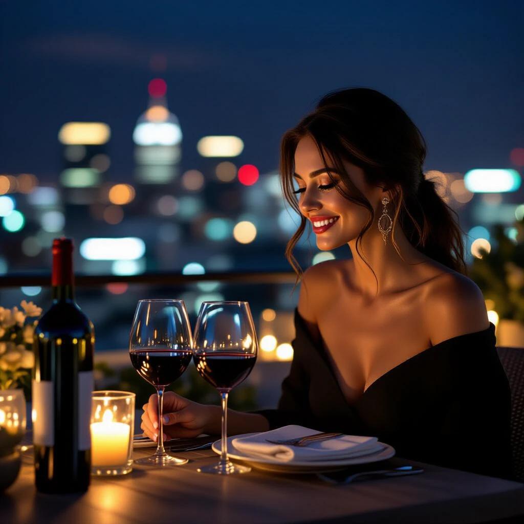 A woman enjoys a romantic dinner on a rooftop at night. She is seated at a table with two elegant wine glasses and a bottle of wine. The setting includes soft warm lighting from candles or string lights. The blurred city skyline is visible in the background. The atmosphere is intimate and sophisticated.