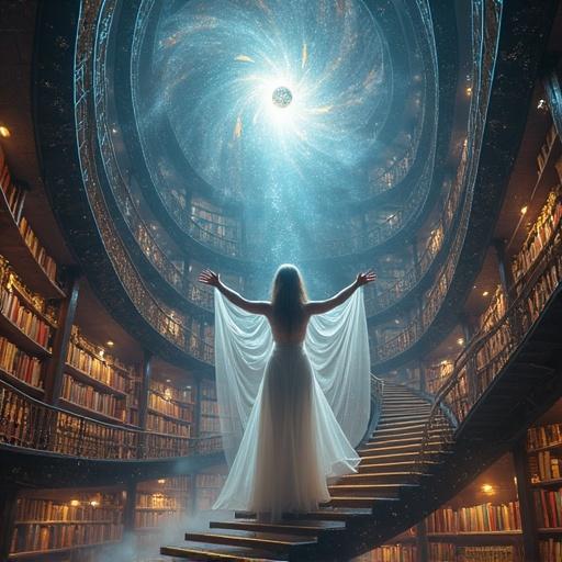 Digital artwork depicting a cosmic library with impossible architecture. Staircases fold into themselves. Crystalline bookshelves spiral upward. Bioluminescent equations float in light. Ethereal librarian stands at center. Arms reach across dimensions. Scene illuminated by miniature supernova. Books and scrolls hover with turning pages.