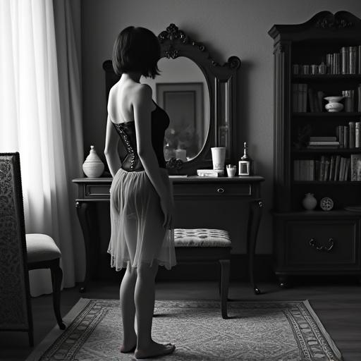 A black and white photograph captures a young woman in quiet introspection within a vintage-style room. The woman has short dark hair, wears a corset-like top and sheer skirt, standing barefoot on a rug. She raises one hand to touch her hair while looking at her reflection. The dressing table behind her has a triple mirror; a bookcase stands nearby, creating balance in the scene. Soft natural light enhances the intimate atmosphere of this timeless moment.