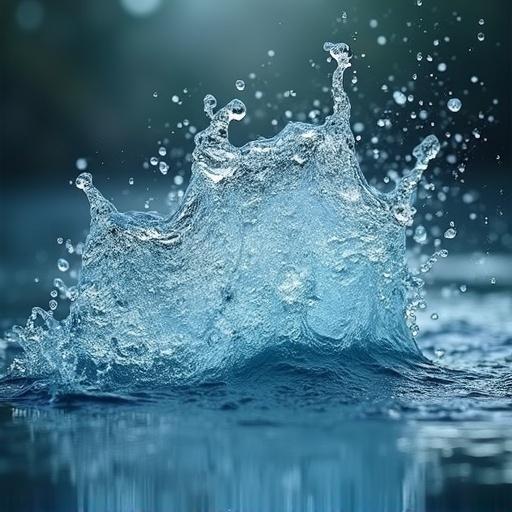 Splash of water with droplets in a blurred background. Close-up shot of water creating ripples and elements of motion.