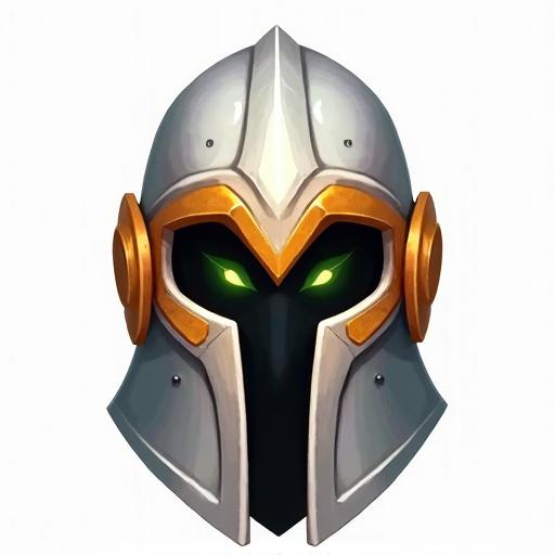 Icon of a helmet featuring silver and white with orange, black, and green accents for a card game. Designed in the style of World of Warcraft. 48 x 48 pixels. Transparent background.