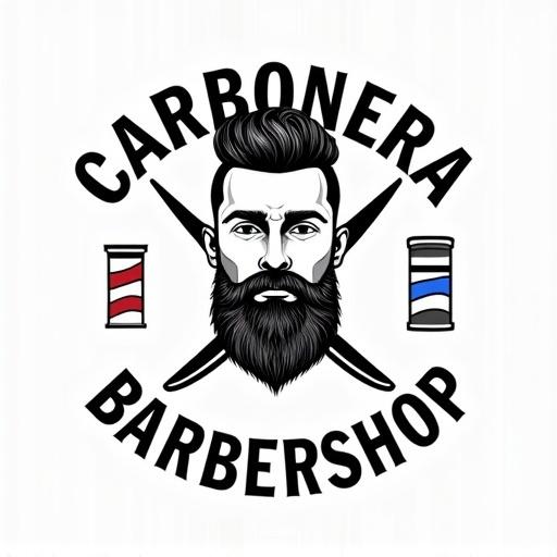 Barbershop logo design featuring the name CARBONERA in bold vintage serif font. Retro masculine face with stylish haircut and full beard in the center. Symmetrical badge-style circular emblem with classic barber tools like scissors and straight razor. Clean vector graphic with strong contrast lines and minimalist layout.