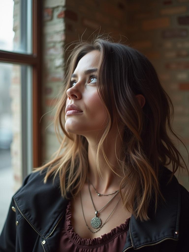 Artist in indoor setting near a window. Warm tones and natural light creates a relaxed atmosphere. Singer showcases alternative style. Focus on accessories and hair. Background features subtle brick wall.