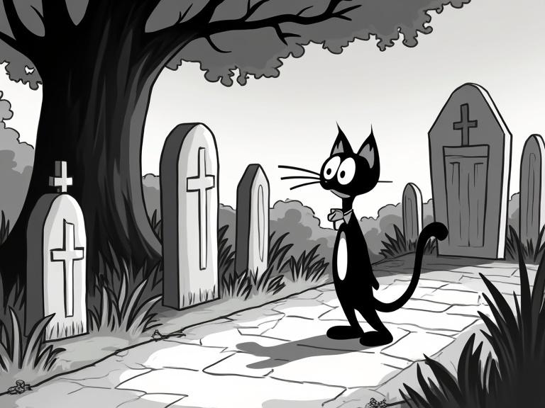 Cartoon scene with a male anthropomorphic cat in a cemetery. Retro style with thick black outlines. Black and white coloring. Exaggerated expressions and movements. Background has art deco influences.