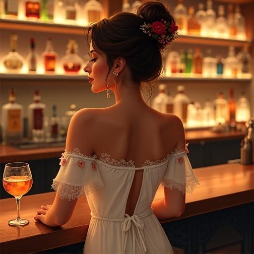 Woman standing at a stylish bar wearing a white dress. Dress has delicate floral patterns and sheer sleeves. Hair styled in an updo with flowers. She wears long earrings. Bar counter has an orange-colored drink. Background features softly lit shelves with bottles of alcohol. Cozy and sophisticated atmosphere.