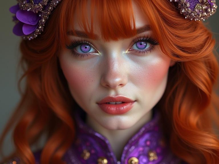 Hyper-realistic portrait of a woman with purple eyes and wavy auburn hair. She wears shiny purple and orange clothes. Focus on facial beauty and skin details. Dramatic lighting creates depth and composition.