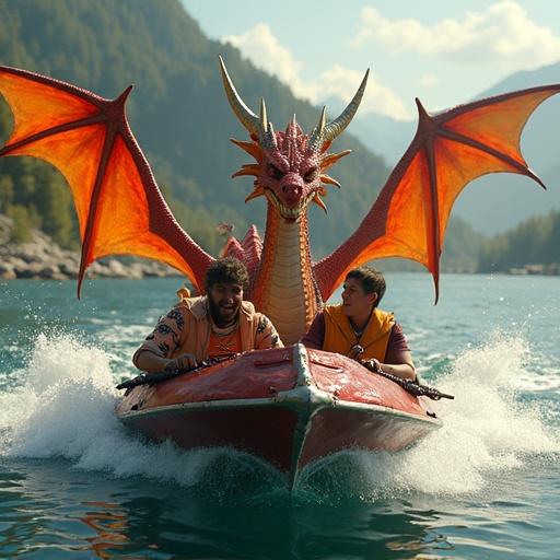 Boat ride with animatronic dragon in a scenic outdoor setting. Two individuals in the boat show excitement and joy. Mountains and trees in background with clear blue skies.