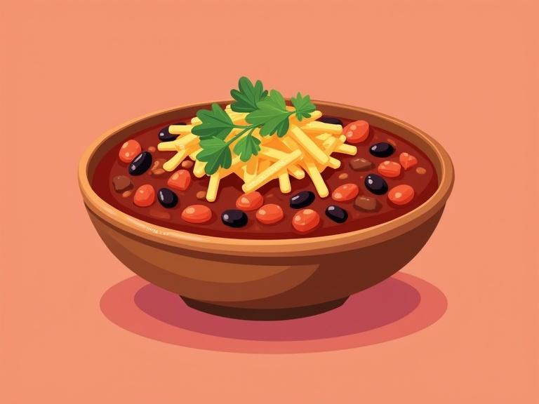 Bowl with chili con carne filled with ground beef kidney beans black beans diced tomatoes in red sauce topped with shredded cheese and cilantro. Cartoon-style vector illustration with geometric shapes. Light crimson background.