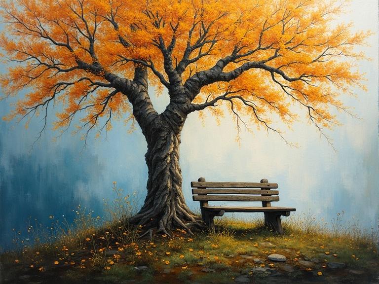 Abstract oil painting depicting the collision of past and present through nature. Two intertwined trees, one ancient with gnarled bark, one slender sapling with amber leaves. A weathered garden bench beneath them, half-submerged in moss. Swirling gradients of twilight gold and predawn blue surround the scene, suggesting time and seasons blending.