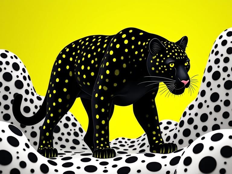 A panther with black fur and neon yellow polka dots prowls in a surreal landscape. The ground is covered in a pattern of black and white polka dots. The background is bright yellow. The setting shows a bold abstract design.