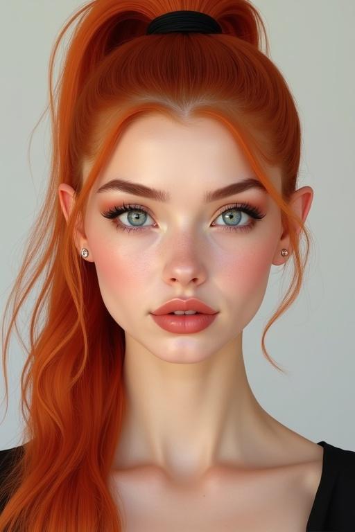 Photorealistic image of a woman with a square face. Almond-shaped eyes, pale blue. Delicate upturned nose. Full lips with pink shade. Thick dark eyebrows. Slightly rounded chin with dimple. Rounded cheeks. Long fiery red hair in high ponytail with volume.