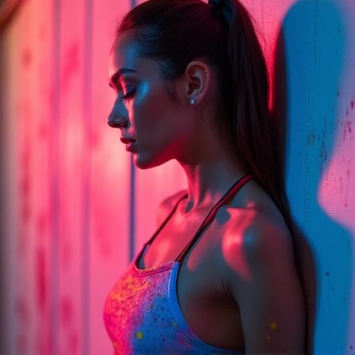 Vibrant portrait captures a fit woman against a colorful background. Neon lights enhance colorful paint splashes on her skin. The emphasis is on her profile, showcasing her features in dramatic lighting.