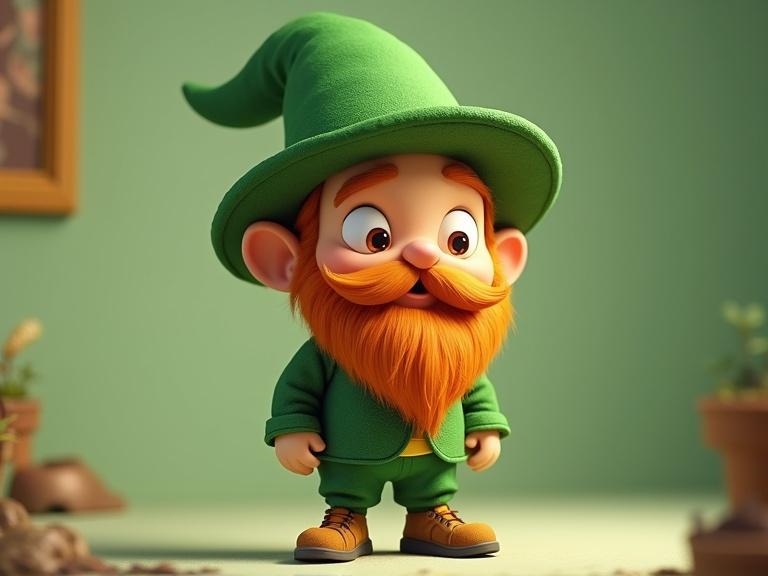 A short man with orange hair and beard stands in a playful pose. He has a green hat with a clover and a matching green outfit with a yellow bow. His yellow socks and brown shoes add color. The background is soft and colorful.