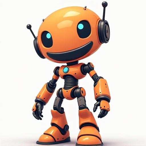 Generate an image of a cute anime bot with a smiling face. The bot has a shiny orange body and blue eyes, with expressive features and cartoonish elements. It stands in a friendly pose, showcasing robotic limbs and a cheerful demeanor.