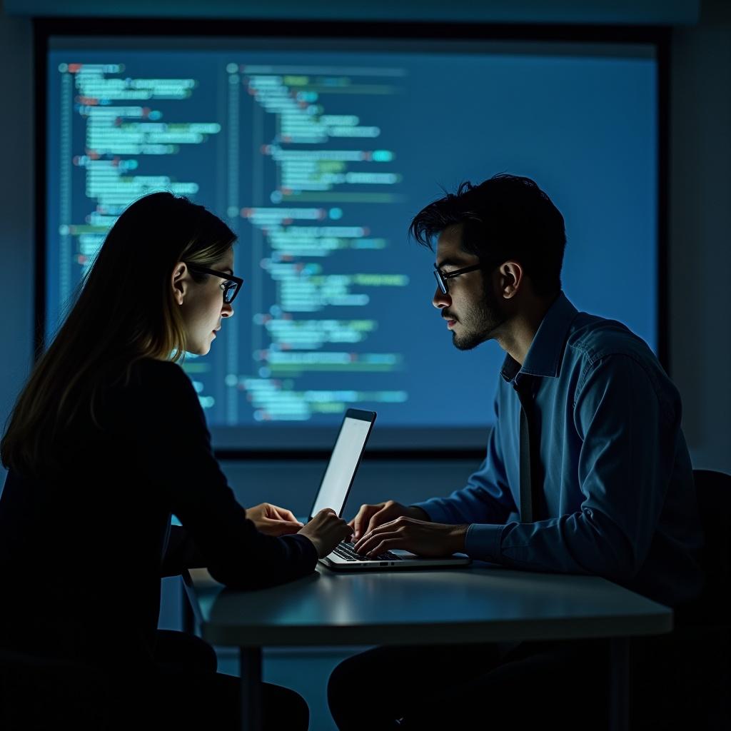 Dimly lit room contains two professionals working on laptops. They wear glasses and formal attire. Background shows a large screen with coding lines. Scene emphasizes collaboration and technical focus.