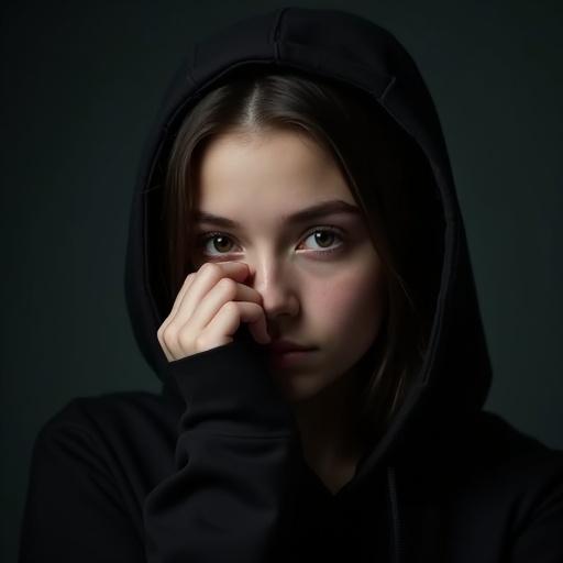 Petite brunette wearing black hoodie partially covering face with hand. Dark blurred background enhances emotional depth. Serious expression evoking introspection.