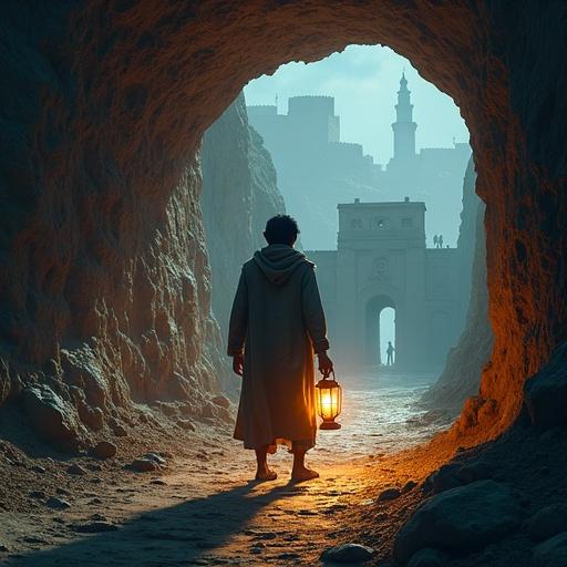 Poster design for the novel Zekola Land. Khaled stands at a tunnel's mouth holding a lantern. Tunnel walls feature glowing symbols. Zekola city is visible behind him. Stormy sky with vivid colors. Aseel's silhouette glows softly. Title in futuristic font at the top. Gritty earth tones shift to ominous hues. Haunting atmosphere emphasizing survival and intelligence themes.