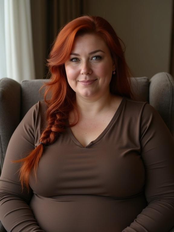 Portrait of a woman with dark red hair styled in a braid. She wears a brown long sleeve top and sits comfortably on a sofa. Natural light brightens the scene.