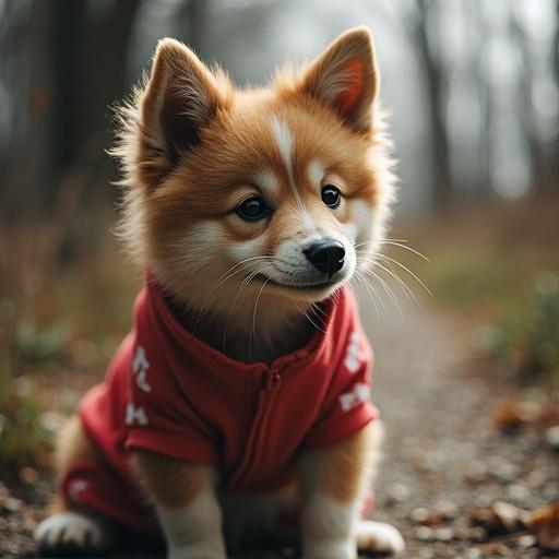 A cute Pomeranian puppy wearing a red outfit sitting on a path in a wooded area, showcasing its playful expression and fluffy fur.