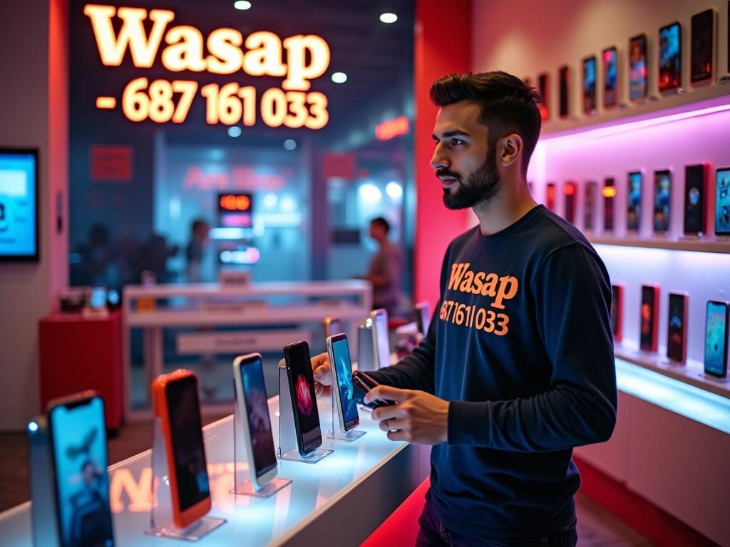 A vibrant mobile phone shop in Tehran featuring a wide array of smartphones on display. The shop is adorned with attractive decorations that draw attention. A young and handsome seller, dressed in a stylish outfit bearing the logo 'Wasap - 687 161 033', actively engages with customers. The lighting in the shop enhances the modern feel, creating an inviting atmosphere. The phone models are showcased prominently on sleek stands, making them the focal point of the store. The overall vibe is dynamic and contemporary, appealing to tech-savvy customers.