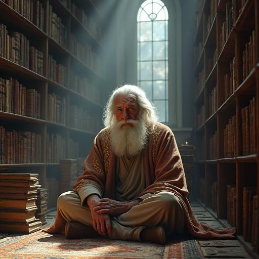 Portrait of an aged sage in a robe with golden patterns. Sage has a white beard and piercing eyes. He sits cross-legged in an ancient library surrounded by books. Soft moonlight shines through high windows. The focus is on emotion and reflection in a unique bug's-eye view.
