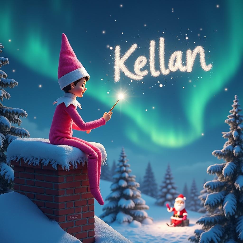 A pink elf on a shelf sits on a chimney. She uses a sparkling wand to write 'Kellan' in the sky. The background displays northern lights. Nearby are snow-covered trees and a glimpse of Santa Claus. The scene showcases a whimsical holiday spirit.