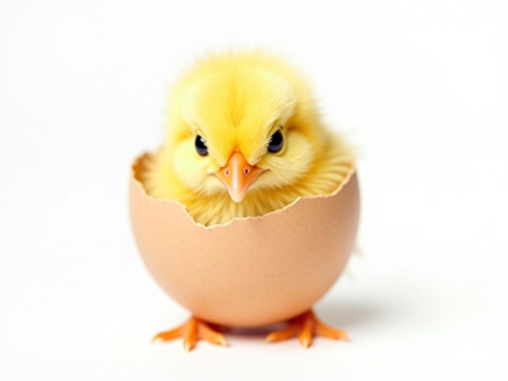 A cute baby chick is just hatching from its eggshell. The chick is small and fluffy, with bright yellow feathers and a tiny beak. It peeks out from a brown eggshell that is cracked at the top. The background is plain white, emphasizing the little chick and its shell. The chick's feet are standing on the ground, ready to step out into the world. There is a sense of innocence and new beginnings in this image.