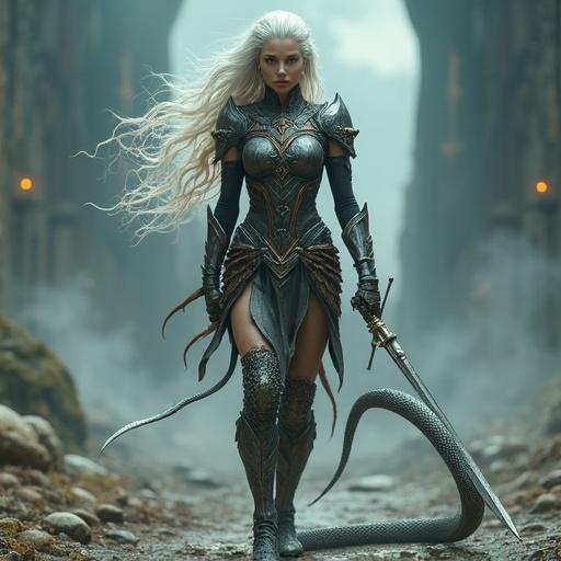 A mythological hybrid woman has a human upper body and a serpent tail. She has glowing eyes and long white hair. She wears warrior armor with a mystical design and carries an ancient sword ready for battle. The background features ancient ruins and mystical fog. The character expresses fierceness and regality within a powerful pose.