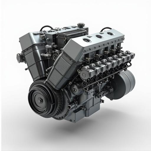Detailed 3D model of an engine showcasing various components and intricate design features.