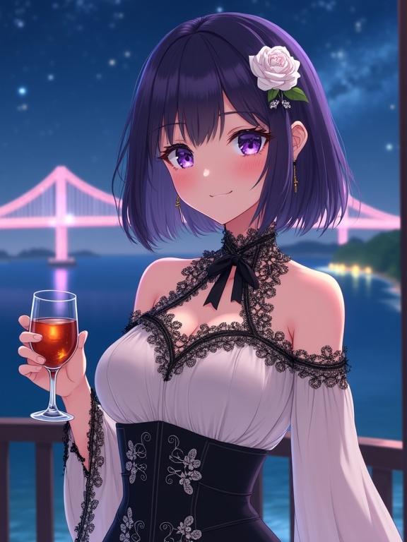 Anime-style lady with short dark violet hair. White rose on hair. Dark violet eyes and inviting smile. Wears off-the-shoulder blouse with lace details. Holding stemmed glass of amber drink on seaside hotel balcony. Background features illuminated bridge and night sky full of stars.