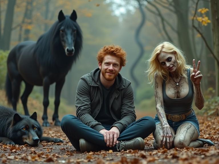 A smiling red-haired man sits cross-legged. A woman kneels beside him, half beautiful and half zombie, showing a peace sign. A massive black wolf lies nearby. Behind them, an eight-legged horse stands, and a gigantic snake slithers in the background.
