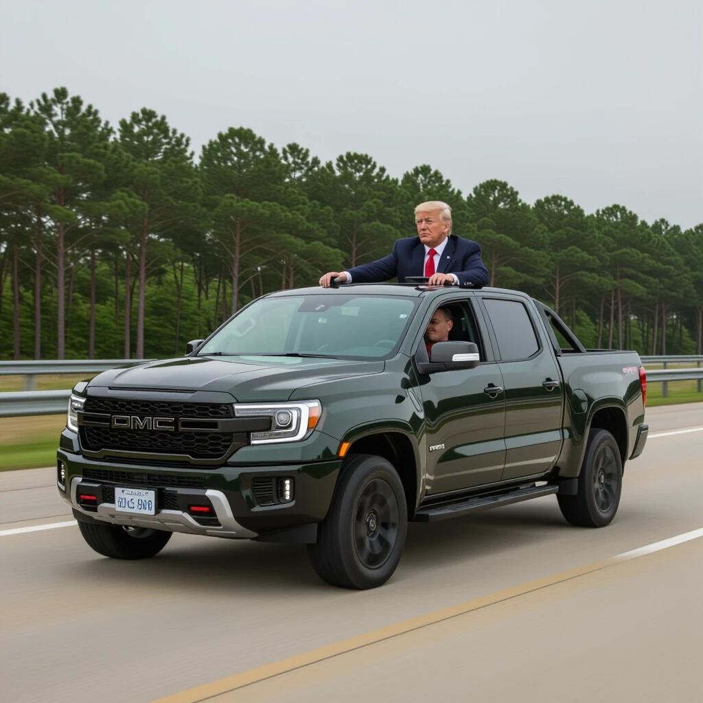 GMC truck driving on a highway. There is a figure in the driver's seat resembling a well-known politician. The scene reflects movement and freedom on the road without distractions.
