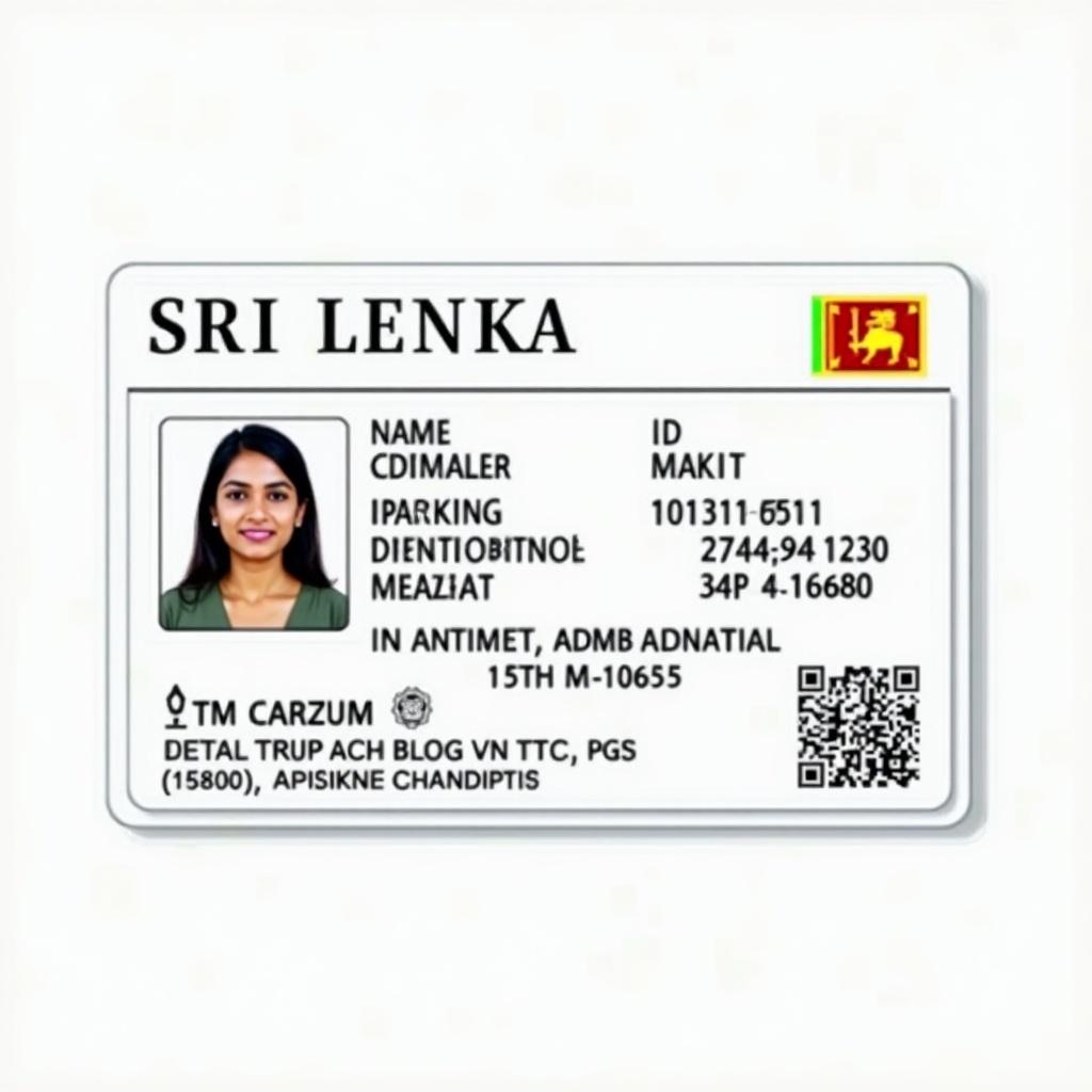 Design for an ID card specific to Sri Lanka. Features personal identification elements. Contains embedded security features. Layout includes name; ID number; address.