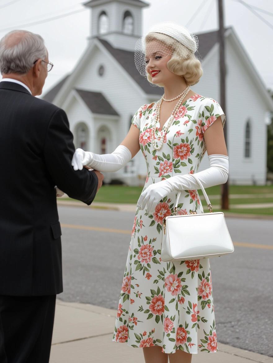A vintage scene featuring a woman in 1930s attire. She has platinum blonde hair. Wearing a floral church dress complemented with a pearl necklace and white gloves. Holds a shiny white purse. A small hat with a veil adorns her head. She stands in front of a church, reaching out to an older man, ready to shake hands.