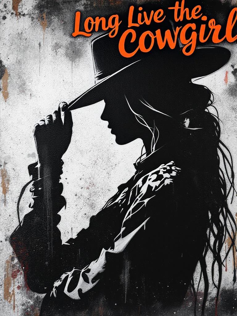 Graffiti style silhouette of a cowgirl tipping her hat. Words Long Live the Cowgirl above the figure. Use contrasting colors black and white. Consider adding pops of color for vibrancy.