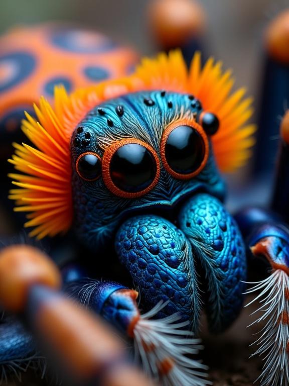 Stunning close-up of a peacock spider showcasing vibrant colors and unique morphology. Display of deep blue cephalothorax and bright orange fan-like structures. Large dark eyes with orange-red rings. Close focus on intricate details and textures. Highlights of slender dark legs and elongated abdomen. Fascinating example of natural ornamentation in spiders.