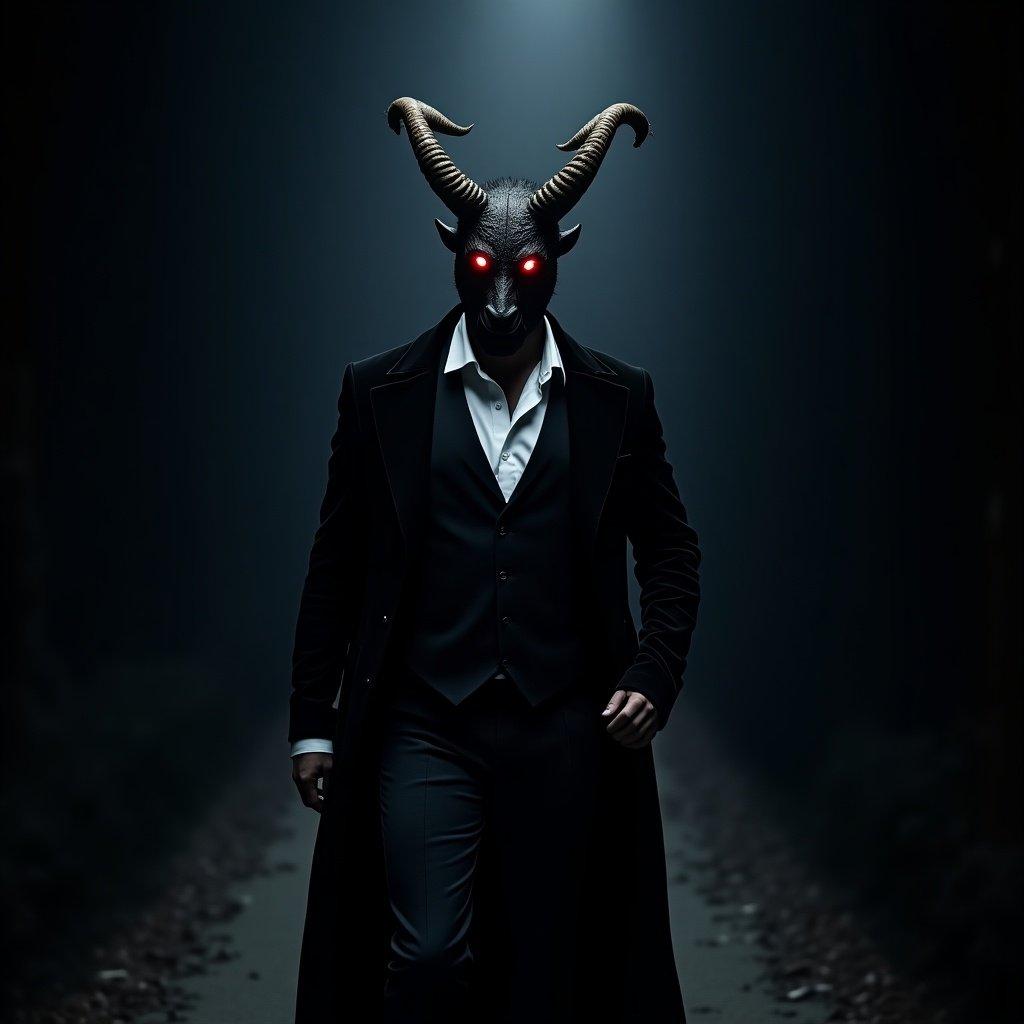 A man in a black velvet Victorian-style suit walks down a dark path wearing a minotaur mask. The mask has glowing red eyes and golden highlights. The setting is a pure black night. The white shirt glows with blue light, enhancing the eerie feeling of the scene.