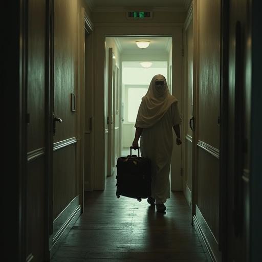 Saudi woman in traditional attire hurries down a dimly lit hotel hallway carrying suitcases. She exits through a door. The hallway appears eerie and haunted. Light beams faintly illuminate her path.