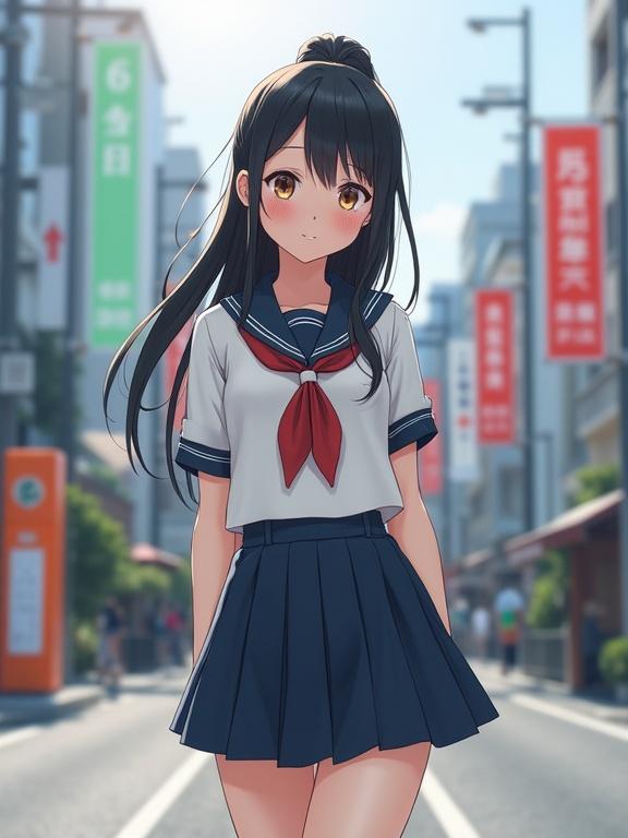 Photorealistic portrait of a cute Japanese teenage girl in a school uniform standing in an urban street. She has a long black ponytail, big brown eyes, and pale skin. The scene captures her shyness with a cute smile, and she is blushing. The background features modern city elements with vivid signage.