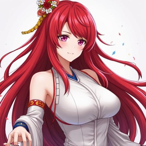 Anime character with long red hair wearing a white outfit. She has a cheerful expression. Floral decoration in her hair, detailed facial features, and colorful attire.