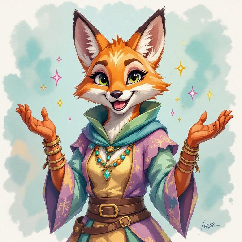 Watercolor painting of a female tabaxi trickster illusionist wearing light colorful enchanted clothes with a playful smile and sneaky pose. Realistic style with rough canvas texture.