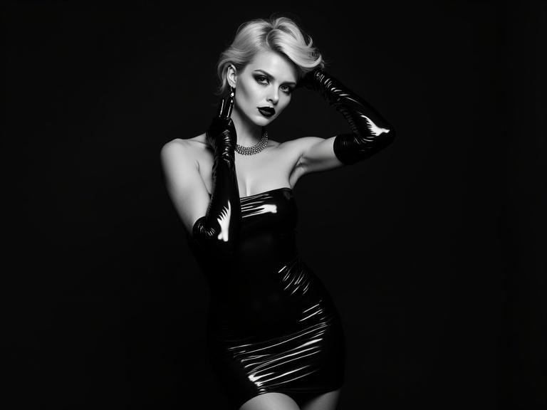 Dramatic black and white photograph features a woman in a form-fitting strapless latex dress and long gloves. Styled blonde hair complements dark makeup. Bold pose emphasizes confidence and sensuality. Strong light creates sharp highlights against the high contrast background.