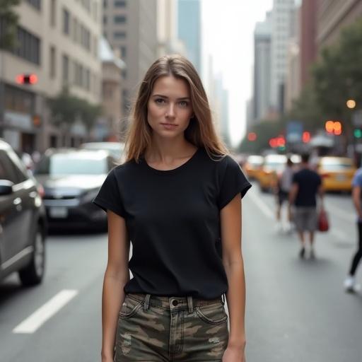 A woman stands on a busy street wearing a black T-shirt and camouflage shorts. She faces the camera. The background shows urban surroundings.