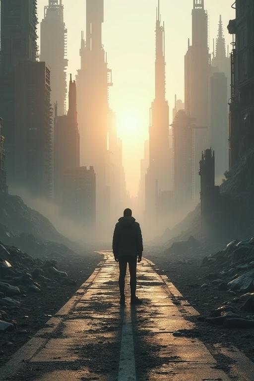 Person stands at a crossroads with futuristic cities on one path and chaotic ruins on the other. The image is photorealistic with emotional and symbolic elements.