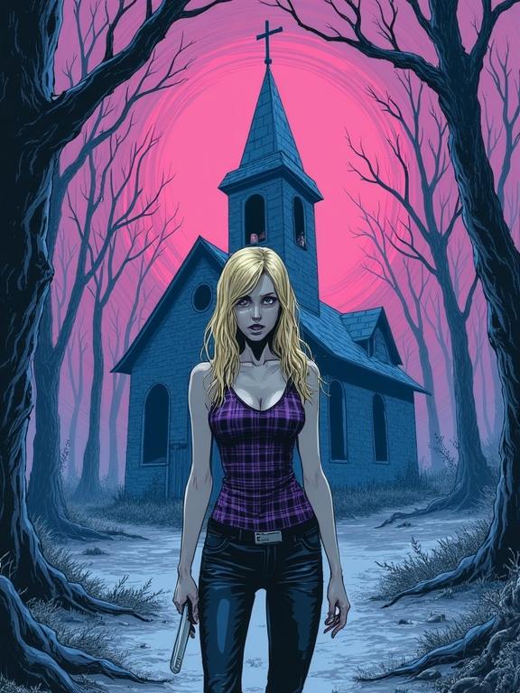 A young woman with long blonde hair in a plaid tank-top stands in front of a dilapidated church. She holds a straight razor. The background features dying trees. Color palette is limited to indigo, lavender, and bubblegum-pink. The tone of the image is unsettling and grotesque inspired by Junji Ito and Hirohiko Araki styles.