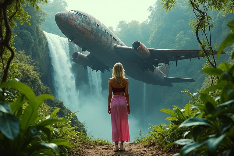 Over-the-shoulder perspective of a tall blonde explorer in a pink dress. She stands on the edge of a jungle. In front, a large crashed airplane is over a waterfall. The scene is lush with green vegetation. Mist from the waterfall sparkles in sunlight. The explorer appears alert.