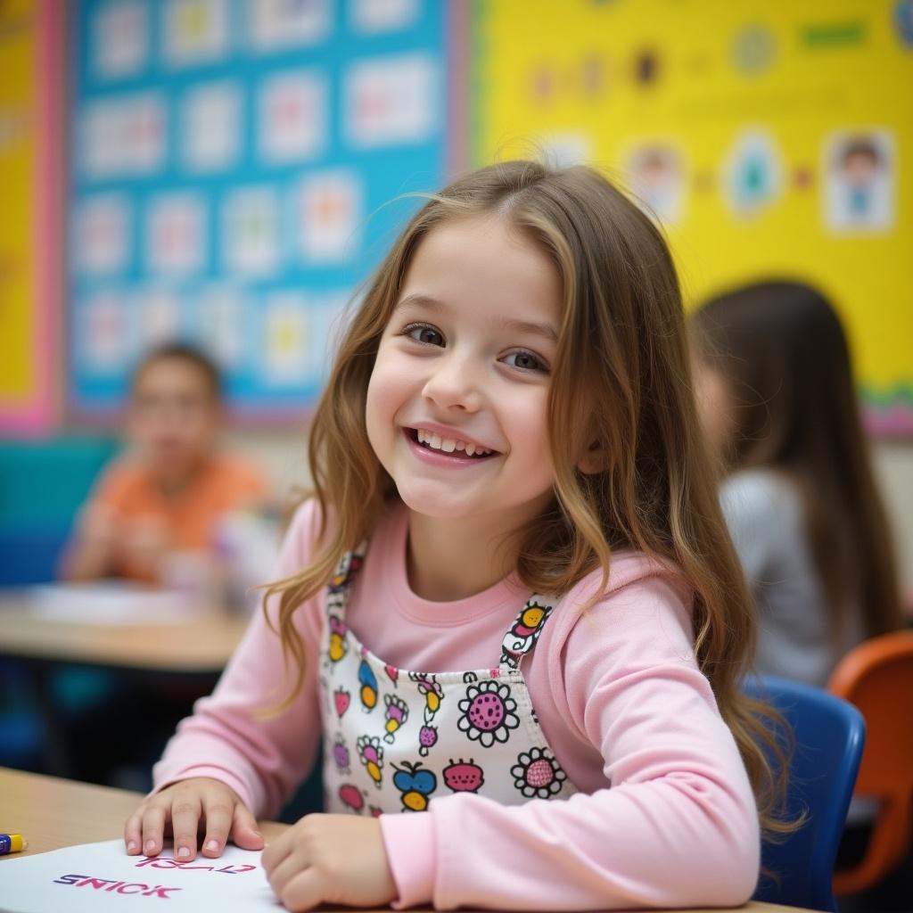 A cheerful little girl sitting in a brightly colored classroom, smiling at the camera. She is wearing a pink long-sleeve shirt with colorful flower patterns on a white background. The background features colorful educational posters, and other children are visible in the classroom. The atmosphere is warm and inviting, suggesting a happy learning environment. This image showcases the joy of learning at a young age and the importance of education in child development.