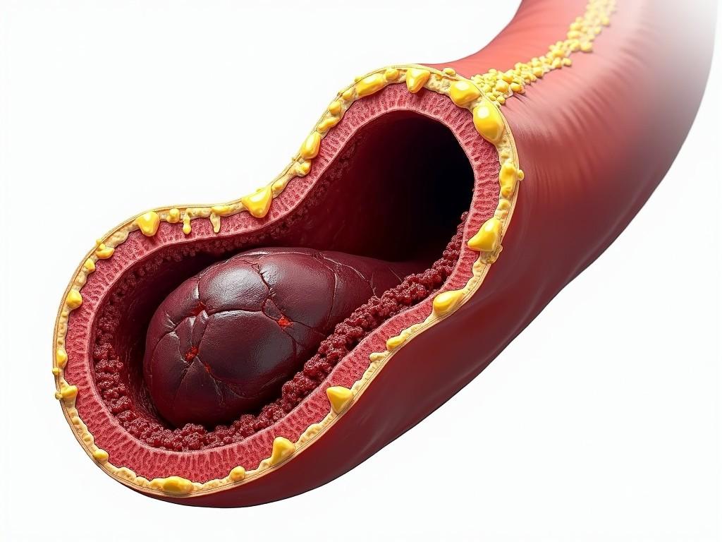 This detailed illustration depicts cross-section of a human artery showing cholesterol deposits lining the arterial walls. The artery's interior is narrowed by yellowish plaque, illustrating a common cardiovascular condition. The image is highly detailed, showcasing the texture and color of both the artery and the plaque, providing a visual explanation of how this condition affects blood flow.